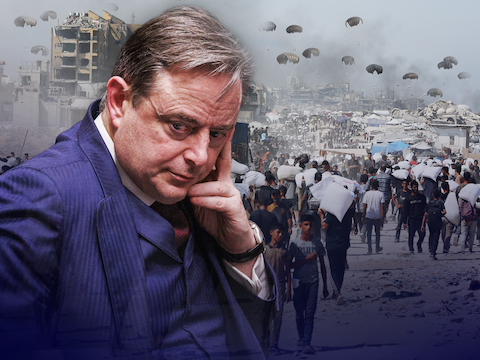Links: premier De Wever, rechts: luchtdroppings en voedselbedeling in Gaza.