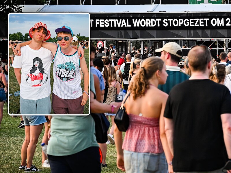 Idris en z’n kameraad Daan keken al de hele dag uit naar Katy Perry. Groot beeld: de vervroegde uittocht op Werchter Boutique.