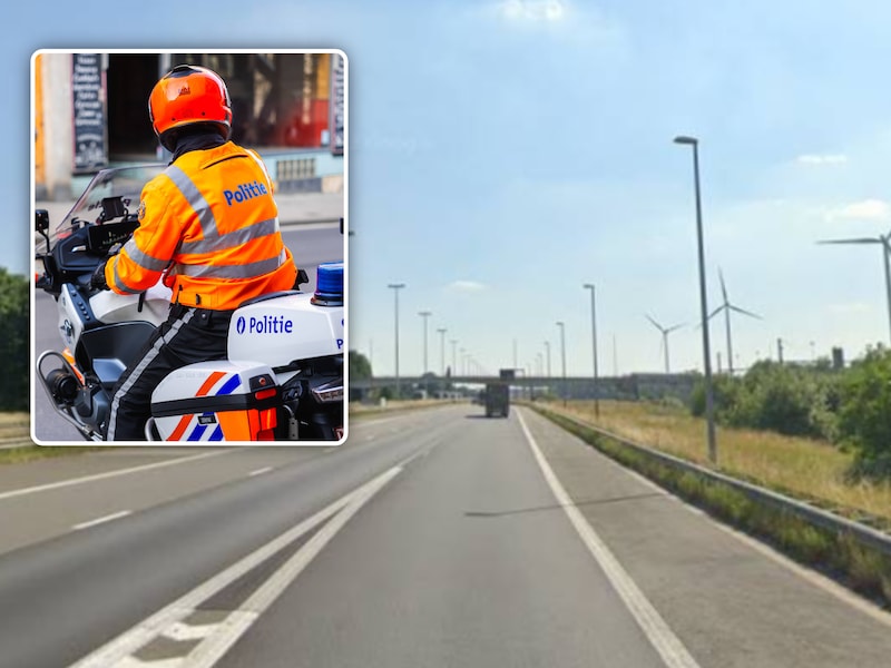 De E19 ter hoogte van Brecht. Inzetfoto: een inspecteur van de federale wegpolitie op de motor (illustratiebeelden).