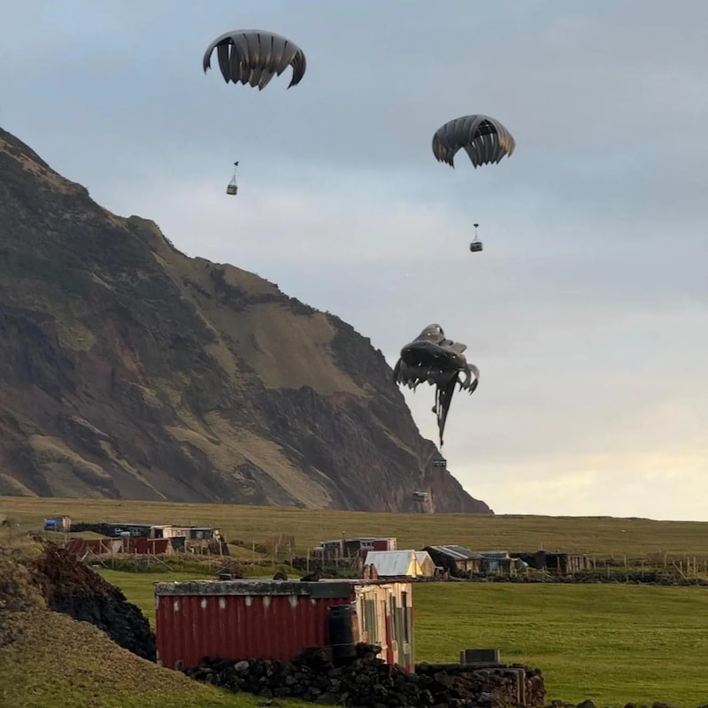 Parachutists from the British air force a dropping on Tristan da Cunha.