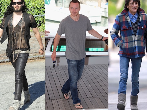 Russel Brand met kettingen en lederen broek, Michael Fassbender met slippers en Ron wood met Uggs.