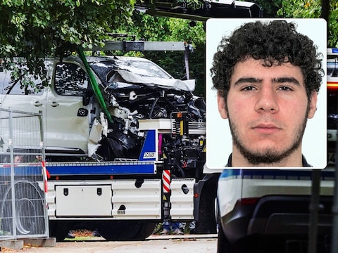 Een politiewagen verwijdert het busje van de plaats delict in het Tiergartenpark na een aanslag op de pride-parade in Berlijn. Inzet: de 21-jarige verdachte, Abdul Ballout.