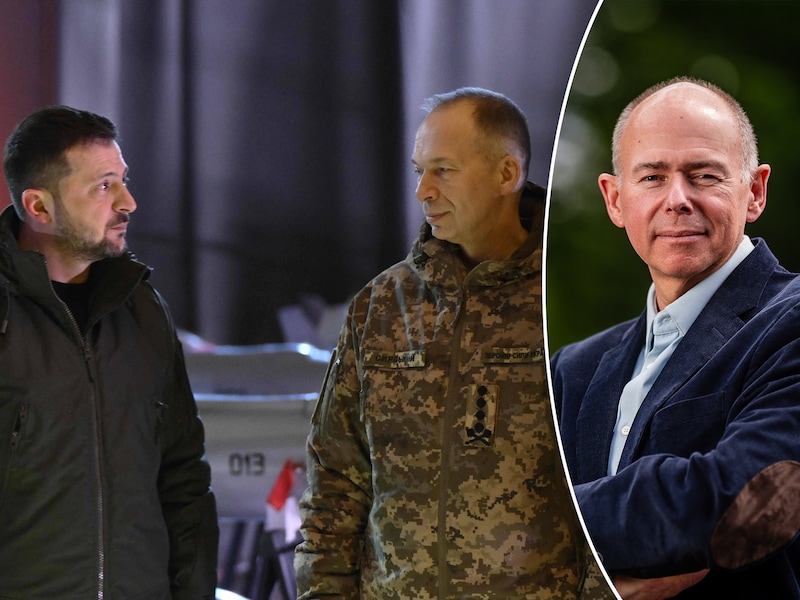 President Zelensky en de ontslagen opperbevelhebber van het Oekraïense leger, Oleksandr Syrsky. Rechts defensiespecialist Roger Housen.