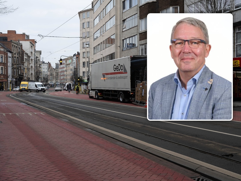 De Turnhoutsebaan in Borgerhout. Inzet: Peter Meukens, voorzitter TreinTramBus.