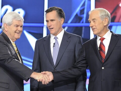 Republikeinse presidentskandidaten Newt Gingrich, Mitt Romney en Ron Paul.