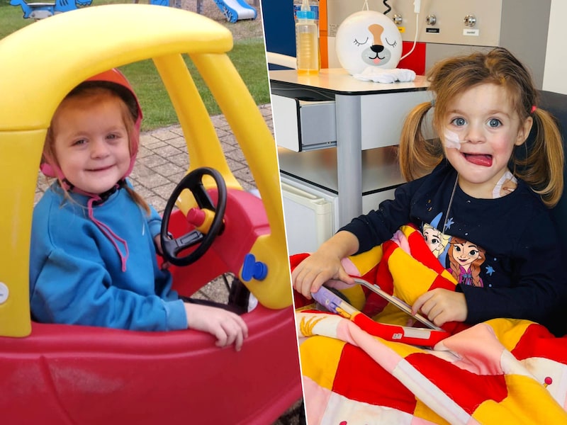 Goed nieuws voor de kleine Noéz’lou na haar levertransplantatie en lymfeklierkanker. De foto rechts werd begin dit jaar genomen.