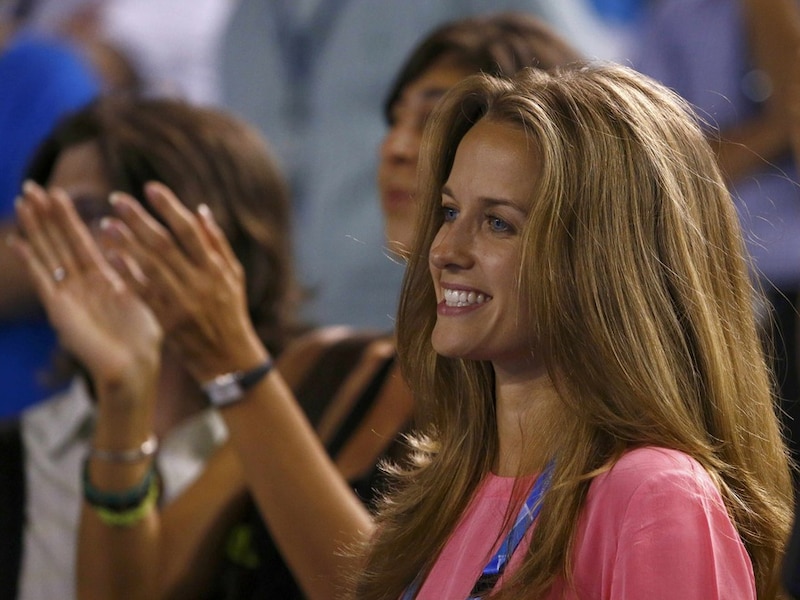 Kim Sears, vriendin van Andy Murray, blij met Andy's zege in Melbourne.