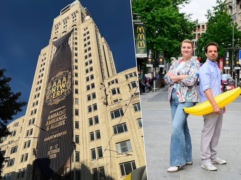 De Boerentoren kleedt zich op voor AAAntwerp. Rechts: Karo Janssens van Beleef Antwerpen en Phil Blondé.