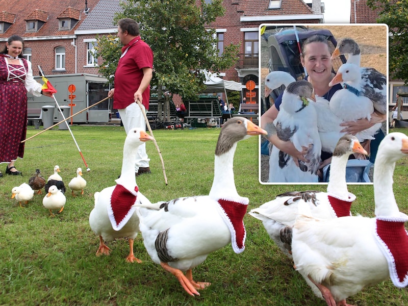 Cécile met De Pluimenbende, hier op de opening van de markt in Kemmel.  