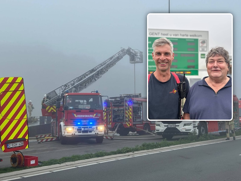 Grootschalige actie in de Gentse haven. Brandweerkapitein Joeri Adriaensens en Eric Van Gelderen van Cargill.