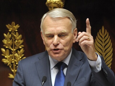 De Franse premier Jean-Marc Ayrault tijdens zijn toespraak voor de Assemblée.