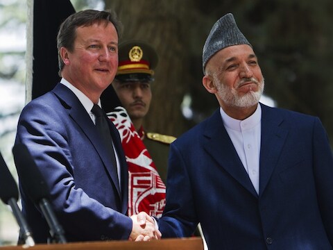 De Britse premier David Cameron en de Afghaanse president Ahmid Karzai.