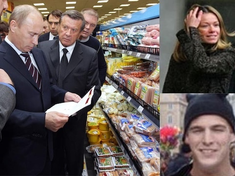 President Poetin, hier in een supermarkt in Moskou, zou in Voorschoten een bezoek aan de Albert Heijn gebracht hebben. Zijn dochter Maria (inzet rechtsboven) woont daar met de Nederlander Jorrit Faassen (inzet rechtsonder).