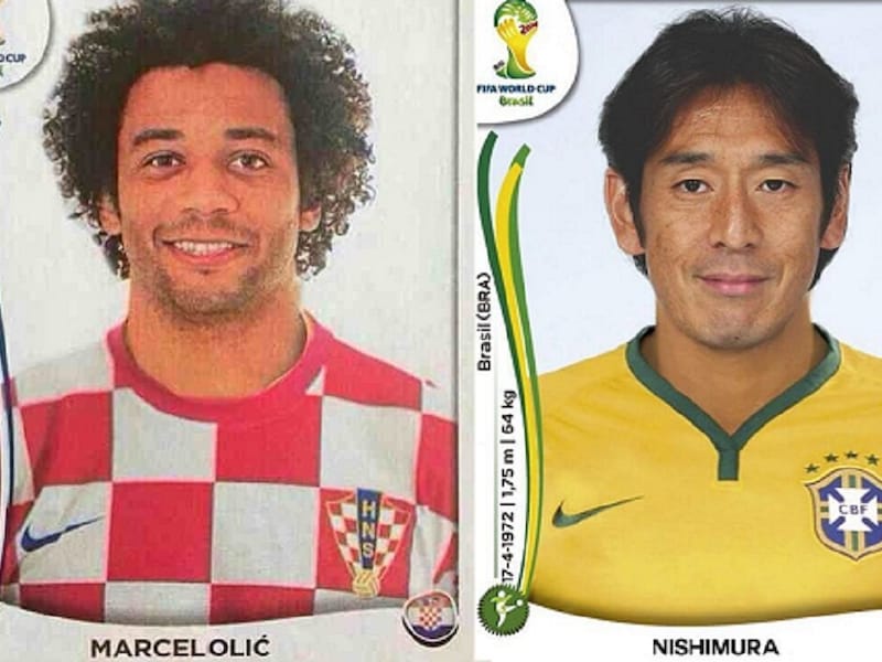 Op Twitter doken deze Panini-stickers op na de openingsmatch tussen Kroatië en Brazilië