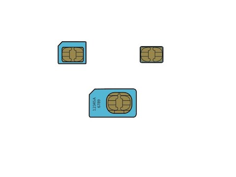 Boven: een micro-simkaart (L) en nieuwe nano-simkaart (R). Onder: de traditionelere mini-simkaart.