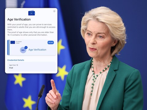 Europees Commissievoorzitter Ursula von der Leyen kondigde zelf aan dat de app “technisch klaar is voor gebruik”./ (inzet: Een screenshot van de app voor online leeftijdscontrole.)