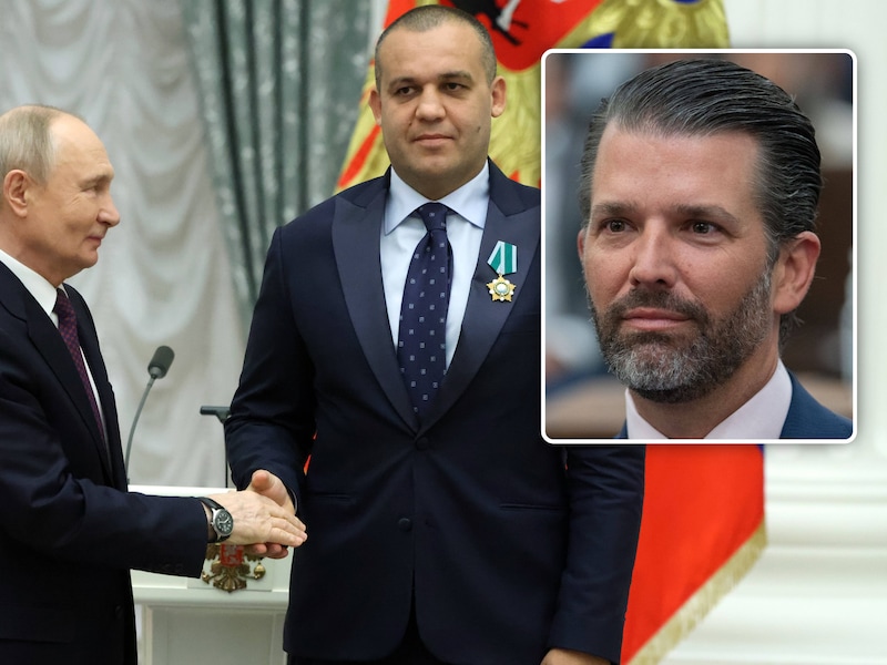 Russische president Vladimir Poetin (links) begroet Oemar Kremljov (rechts). Kleine foto: Donald Trump Jr.