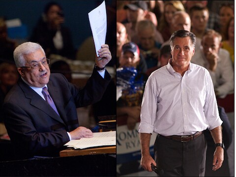De Palestijnse president Mahmoud Abbas en de Republikeinse presidentskandidaat Mitt Romney.
