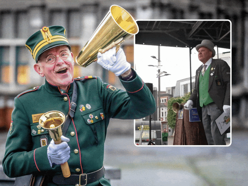 Belleman Joris Goens in vol ornaat. Inzet: een belleman in actie.