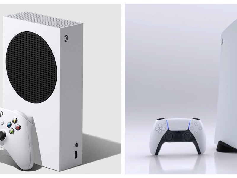 Links: de nieuwe Xbox Series, rechts: de nieuwe PlayStation 5.