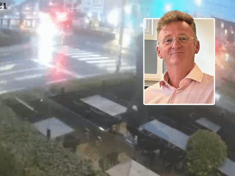 Beelden tonen hoe schepen Rudi Catrysse (inzet) in De Haan door een rood licht rijdt en daardoor tegen tram botst.