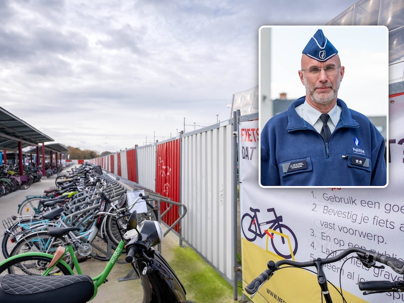 Illustratiebeeld van een fietsenstalling. Inzet: politiewoordvoerder van Politiezone Rivierenland Dirk Van de Sande.