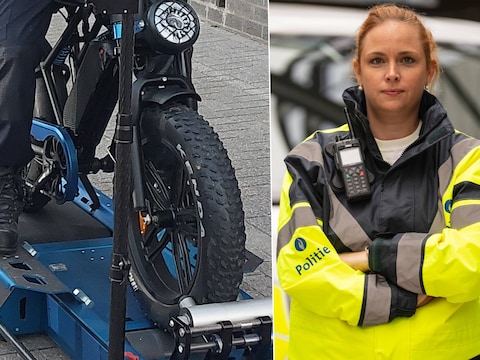 Twee agenten controleren een fatbike, die op de nieuwe rollerbank is gezet. / Portret Kim Bastiaens, woordvoerder van politie Antwerpen