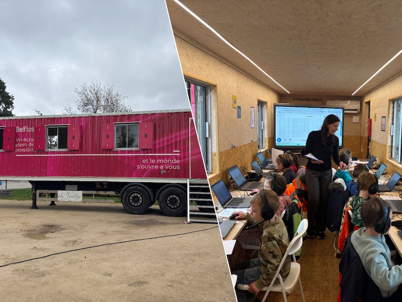 De leerlingen van VBS De Kleine Toekan in Schaffen krijgen de komende tien dagen les in deze knalrode Belfius Digitruck.