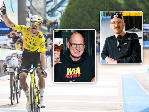 Trouwe Wout van Aert-supporters Jo Helsen (links in inzet) en Nico Dierickx (rechts in inzet) konden hun tranen gisteren niet bedwingen.