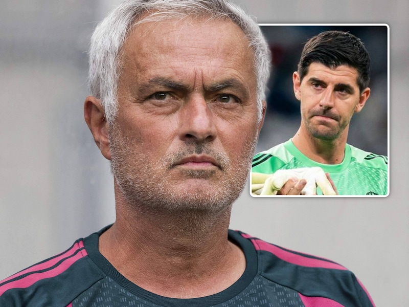 Real Madrid-trainer José Mourinho beschouwt Thibaut Courtois (inzetje) als een van zijn belangrijkste spelers, naast Valverde, Mbappé, en Bellingham.
