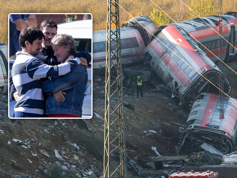 Onderzoekers inspecteren het puin tussen de beschadigde wagons in Toledo. Inzet: aangeslagen mensen na de ramp.