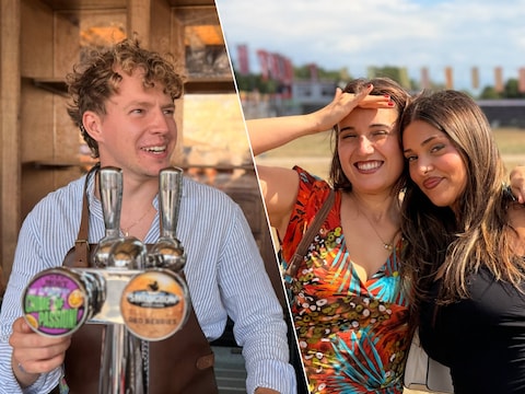 Thijs Coolen tapt het eerste pintje op Pukkelpop. Anna en Lara zetten de eerste voetjes op het terrein. 