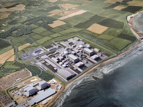 Een computersimulatie van hoe Hinkley Point C eruit zou komen te zien. De Britse premier May heeft echter nog haar twijfels over de realisatie van de megakerncentrale.