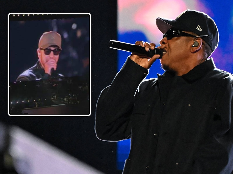 Jay-Z en Justin Timberlake tijdens een concert in Parijs.