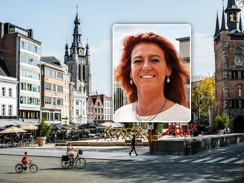 archiefbeeld van de Grote Markt in Kortrijk / (inzet: archiefbeeld van burgemeester Ruth Vandenberghe)