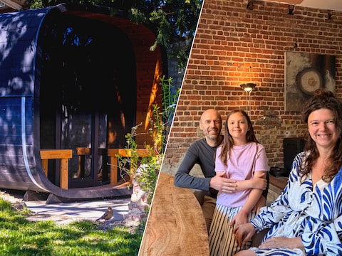 Sam en Evy, hier samen met hun dochter Ayla, verbouwden de koeistal en tuin van hun hoeve om tot een wellness.