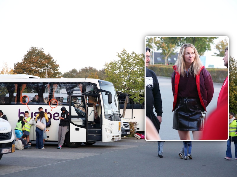 tijdens de actie op de parking van Sportcampus Lange Munte / (inzet: Vlaams parlementslid Gianna Werbrouck)