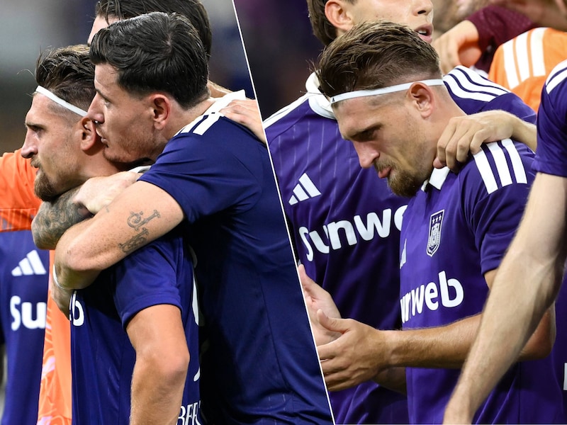 KIJK. De enige Anderlecht-speler die niet blij was na de kwalificatie: geëmotioneerde Adriano Bertaccini getroost door ploegmaats, coach en fans