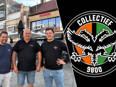 Jonas Strobbe en Thomas Dhondt van Collectief9800 met Franky Van Parys, baas van café Gentlemen in Deinze. Rechts: het logo van Collectief9800.