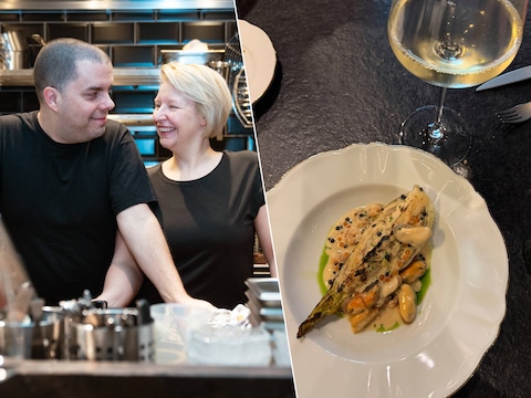 Bart Gils en Sally Lauwers van foodbar Krijt in Antwerpen. Rechts: Spitskool van de bbq met garnalen en mosselen bij Krijt.