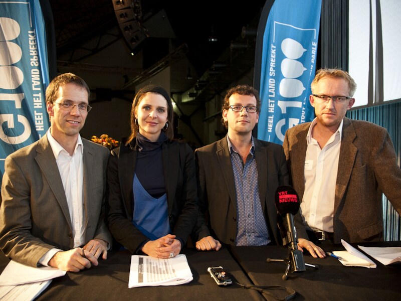 Initiatiefnemers Benoit Derenne, Francesca Vanthielen, Dave Sinardet en David Van Reybrouck