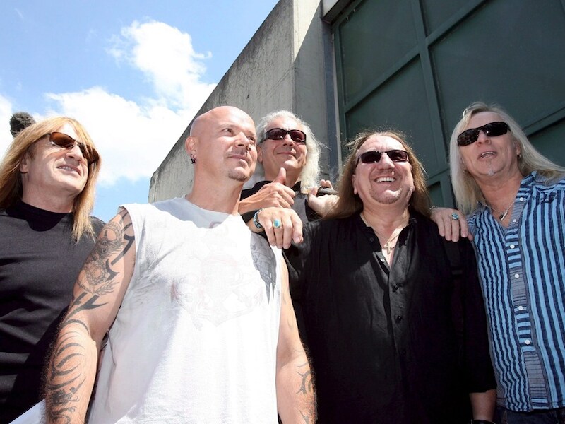 Uriah Heep, met bassist Trevor Bolder helemaal links in beeld.