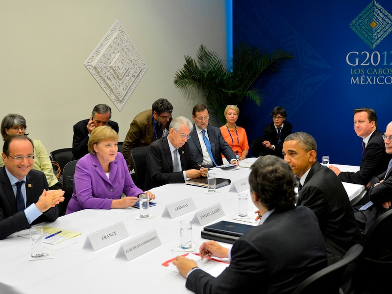 De wereldleiders in overleg op de vorige G20-top in juni.