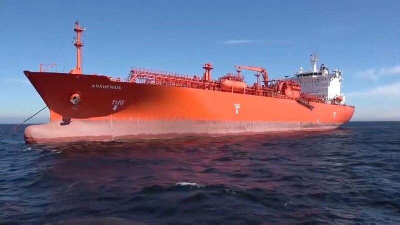 The gas tanker Arrhenius sails under the Liberian flag and docked in the Russian port of Ust-Luga on May 20, where, according to Russian authorities, two naval mines were discovered on the hull.  