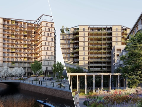 De voorzijde (links) en de achterzijde (rechts) van de Belgacom-toren in Gent zal er volgens de plannen zo uitzien. 