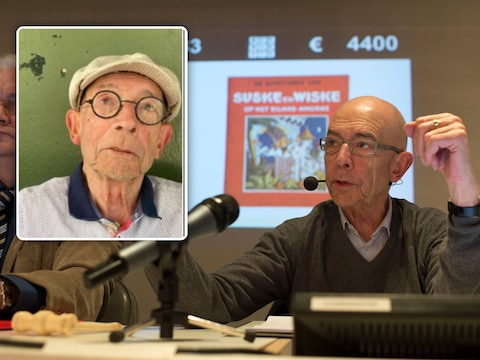 Mon Bernaerts tijdens een veiling van tekeningen van Suske en Wiske in 2013. Inzet: Mon Bernaerts overleed dinsdag.