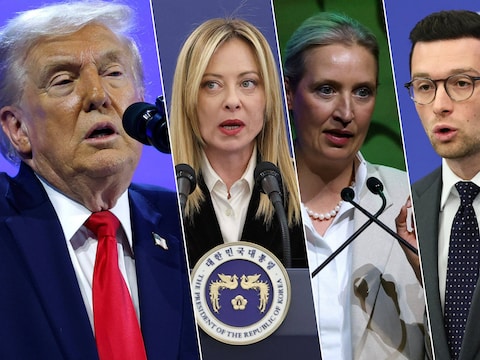 Van links naar rechts: Donald Trump, de Italiaanse premier premier Giorgia Meloni, kopfiguur van de Duitse AfD Alice Weidel en Jordan Bardella van het Franse Rassemblement National 