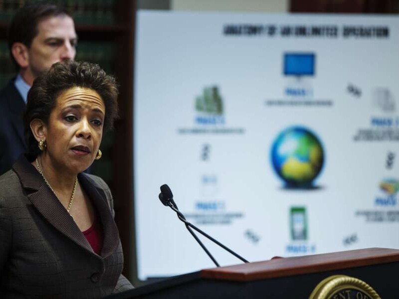 Openbaar aanklager Loretta Lynch, vandaag tijdens een persconferentie.