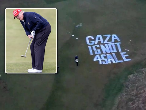 Amerikaanse president Donald Trump tijdens het golfen in Turnberry. Inzet: Activisten vandaliseren Schots golfresort van Trump met leuze “Gaza is not 4 sale”. 