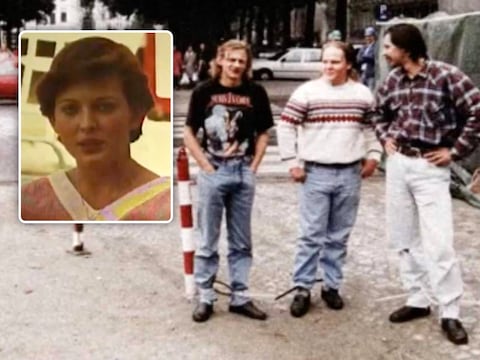 Daders Michaël Messiant, William Antoni en Jimmy Pauwels tijdens de reconstructie, gezellig keuvelend met elkaar. Inzet: slachtoffer Elisabeth.